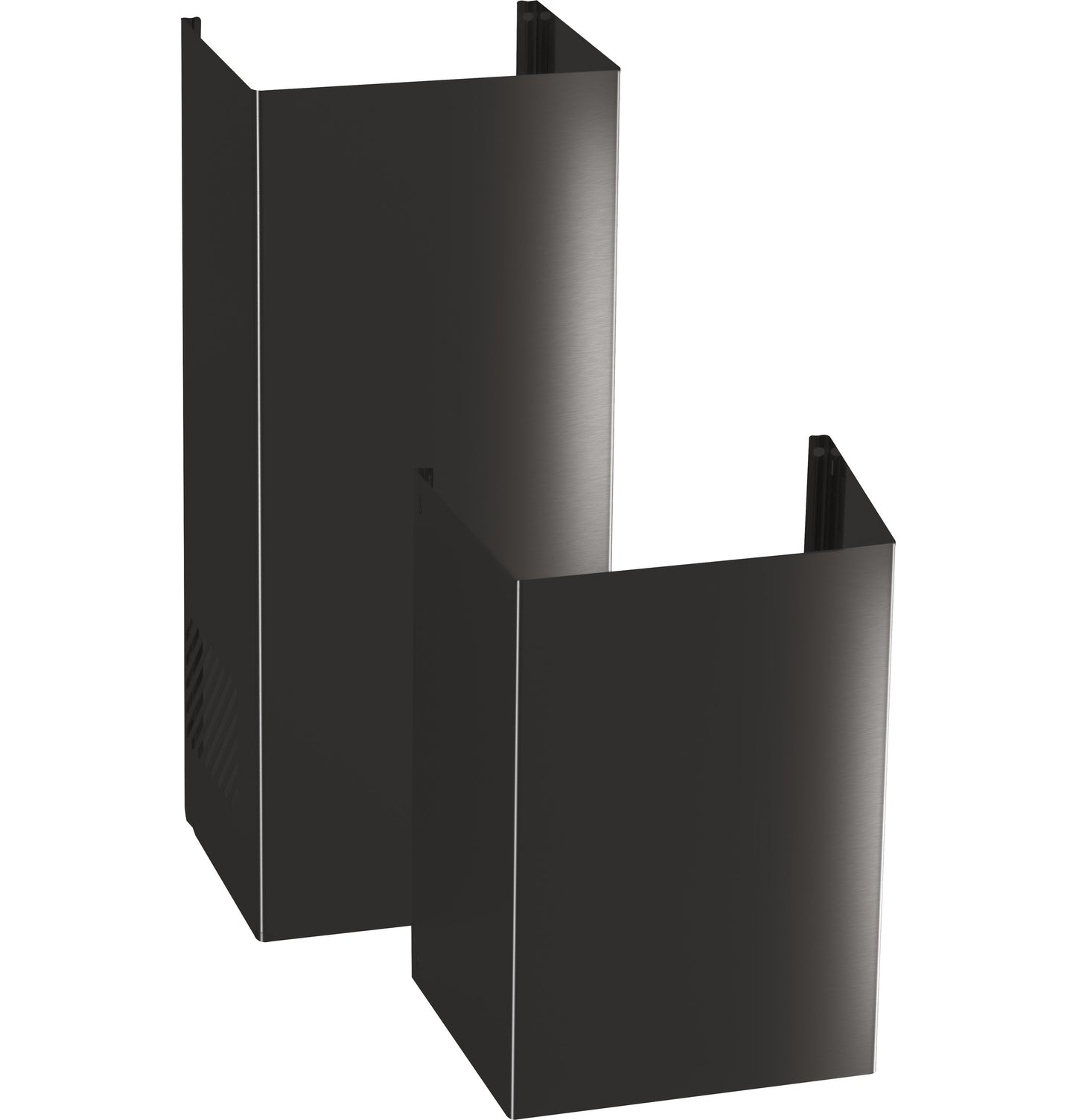 Pair of sleek black metal duct covers for range hoods in kitchen appliances and home improvement collections