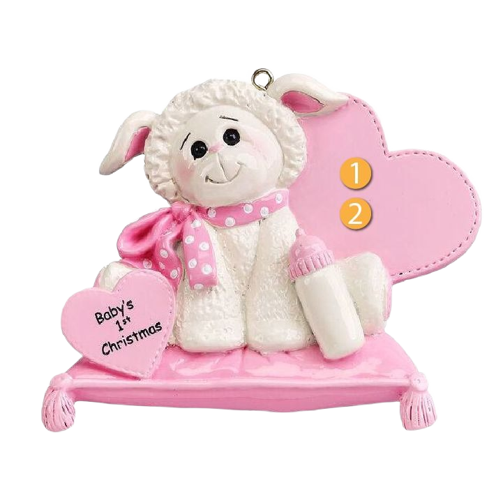 Pink baby lamb ornament with bottle and heart reading "Baby's 1st Christmas" from Christmas decorations under $50 collection