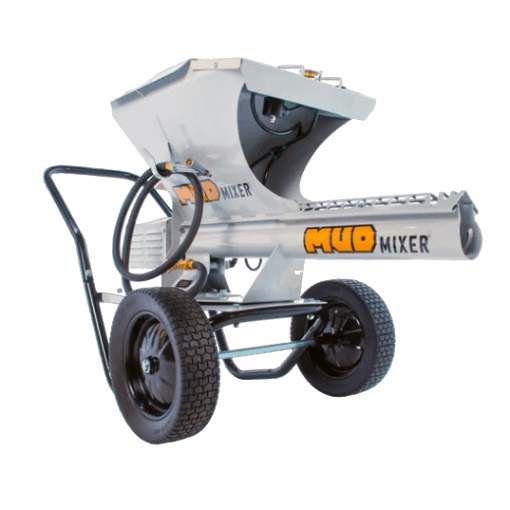 Silver multi-use electric mixer with large wheels and adjustable water input, designed for cement and masonry rental equipment at Hartville Hardware.