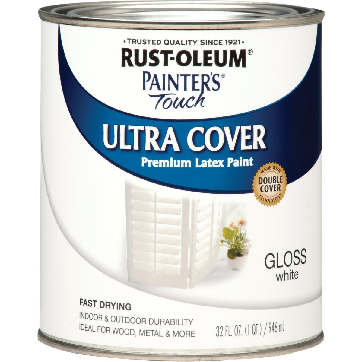 Can of Rust-Oleum gloss white premium latex paint for indoor and outdoor surfaces in specialty paint category