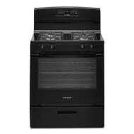 Black 30-inch gas range with digital controls, five burners, and spacious oven in modern kitchen appliances collection.