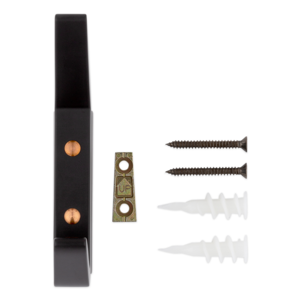 Matte black geometric reed hook with mounting screws and wall anchors for storage and closet organization under $50 tools