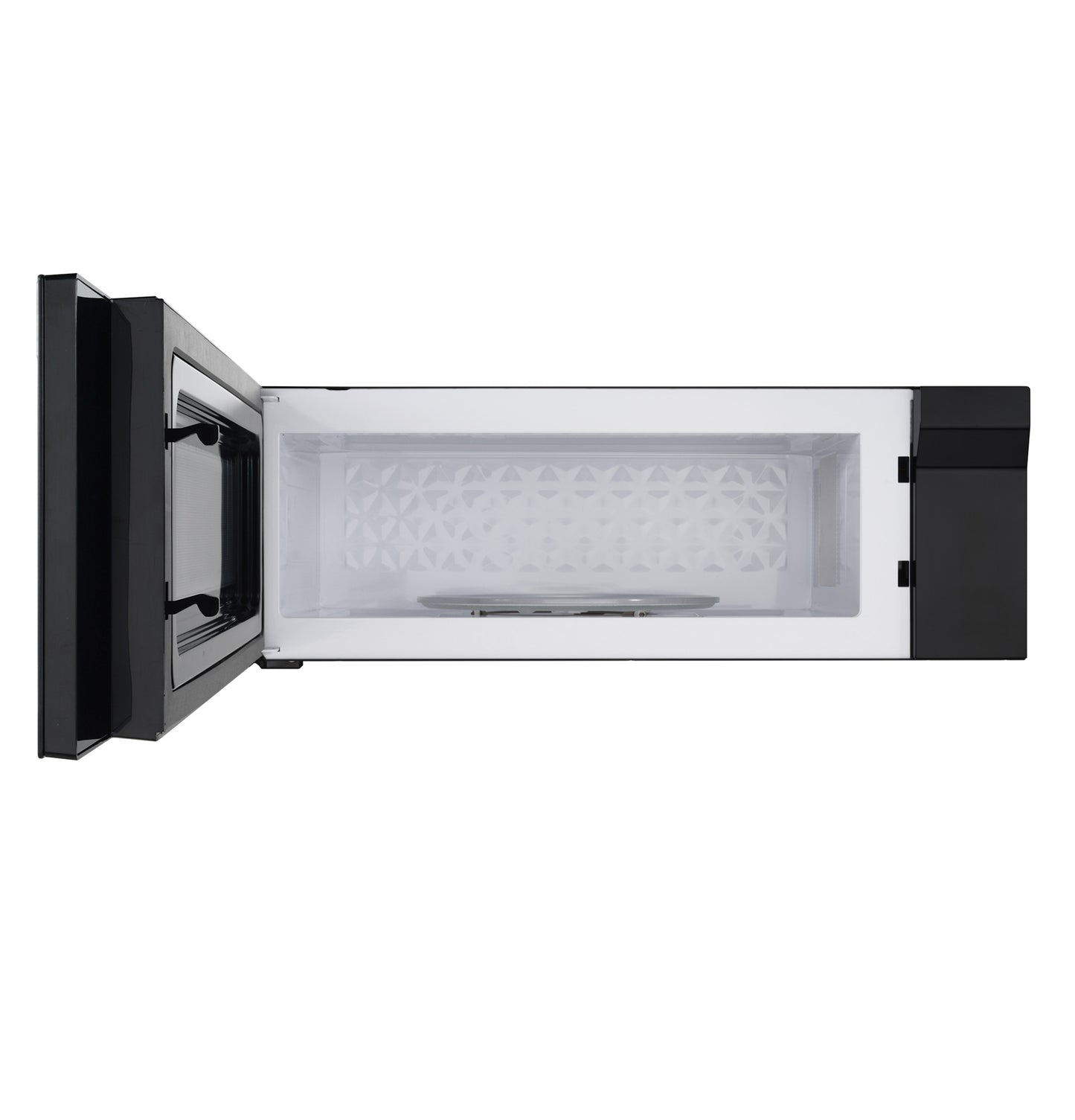 Open black low-profile over-the-range microwave oven showing clean interior with turntable in appliances category