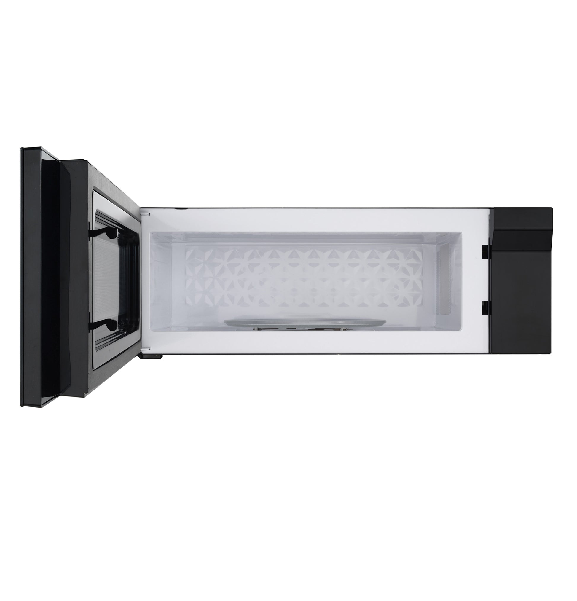 Open black low-profile over-the-range microwave oven showing clean interior with turntable in appliances category