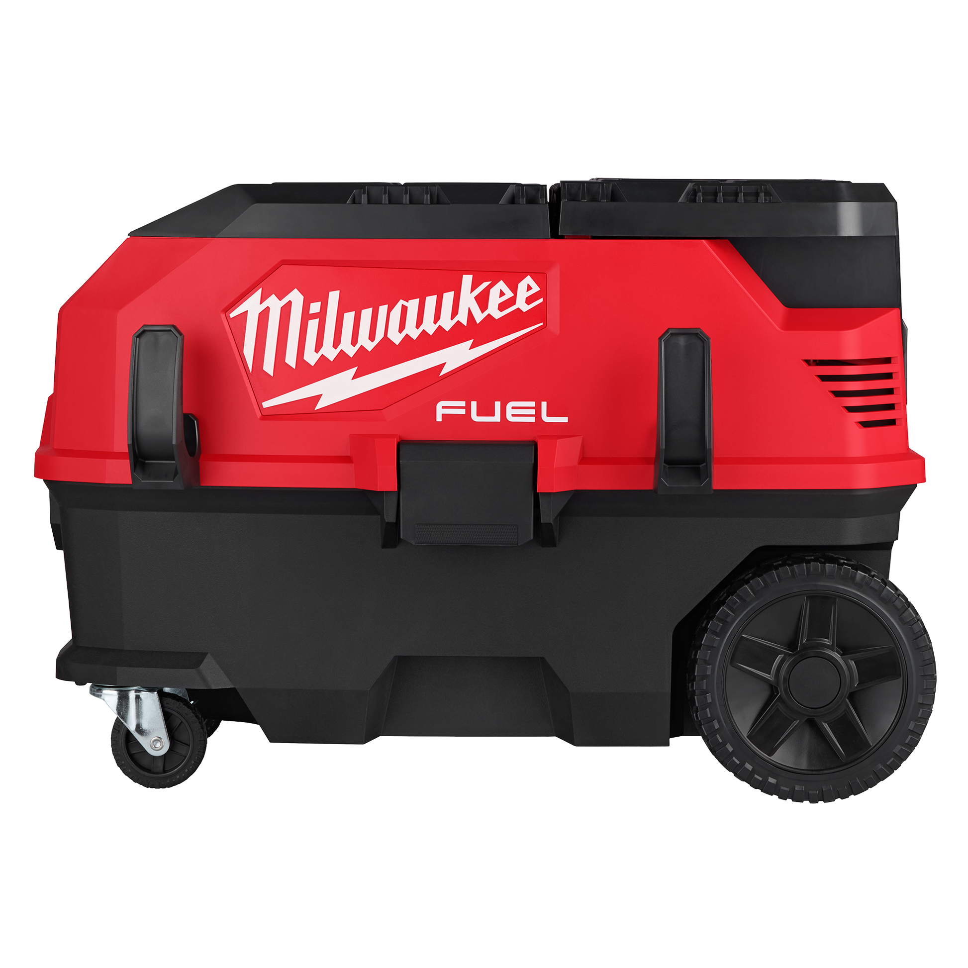 Red and black Milwaukee portable dust extractor with wheels and carrying handles for tools and home improvement use