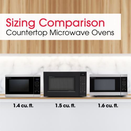 Three countertop microwave ovens in different sizes displayed on a kitchen counter with wood cabinets in background