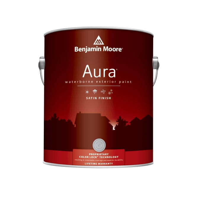 Red satin finish exterior paint can with Color Lock technology for home improvement and exterior wall projects