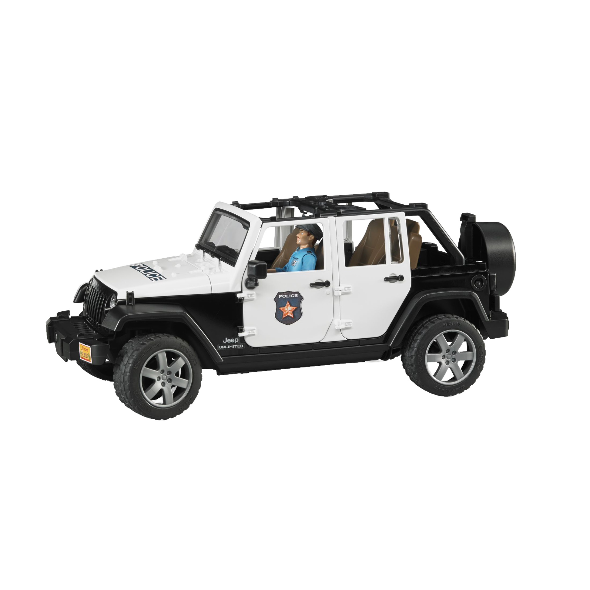 Black and white toy Jeep Wrangler police vehicle with a policeman figure, part of Bruder Toys under $100 collection