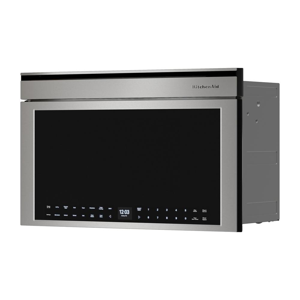 Stainless steel built-in convection microwave oven with digital touchscreen controls from KitchenAid appliances collection