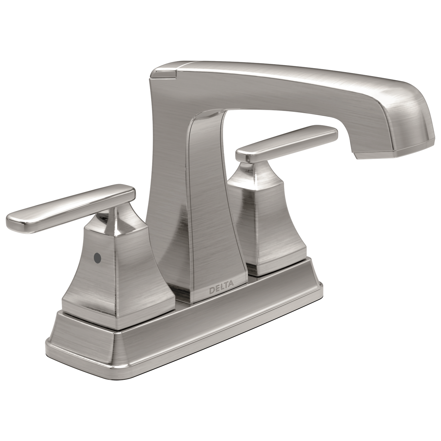 Delta Ashlyn stainless two-handle centerset bathroom faucet for plumbing and bathroom sink fixtures.