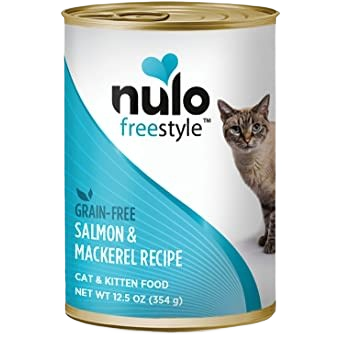 Can of grain-free cat and kitten food with salmon and mackerel recipe from Nulo Freestyle brand
