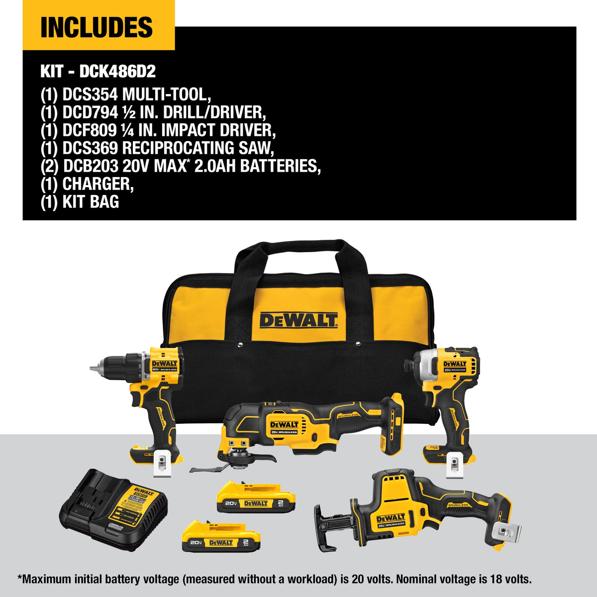 DEWALT ATOMIC 20V MAX* Lithium-Ion Cordless Brushless 4-Tool Combo Kit w/(2) 2.0Ah Batteries