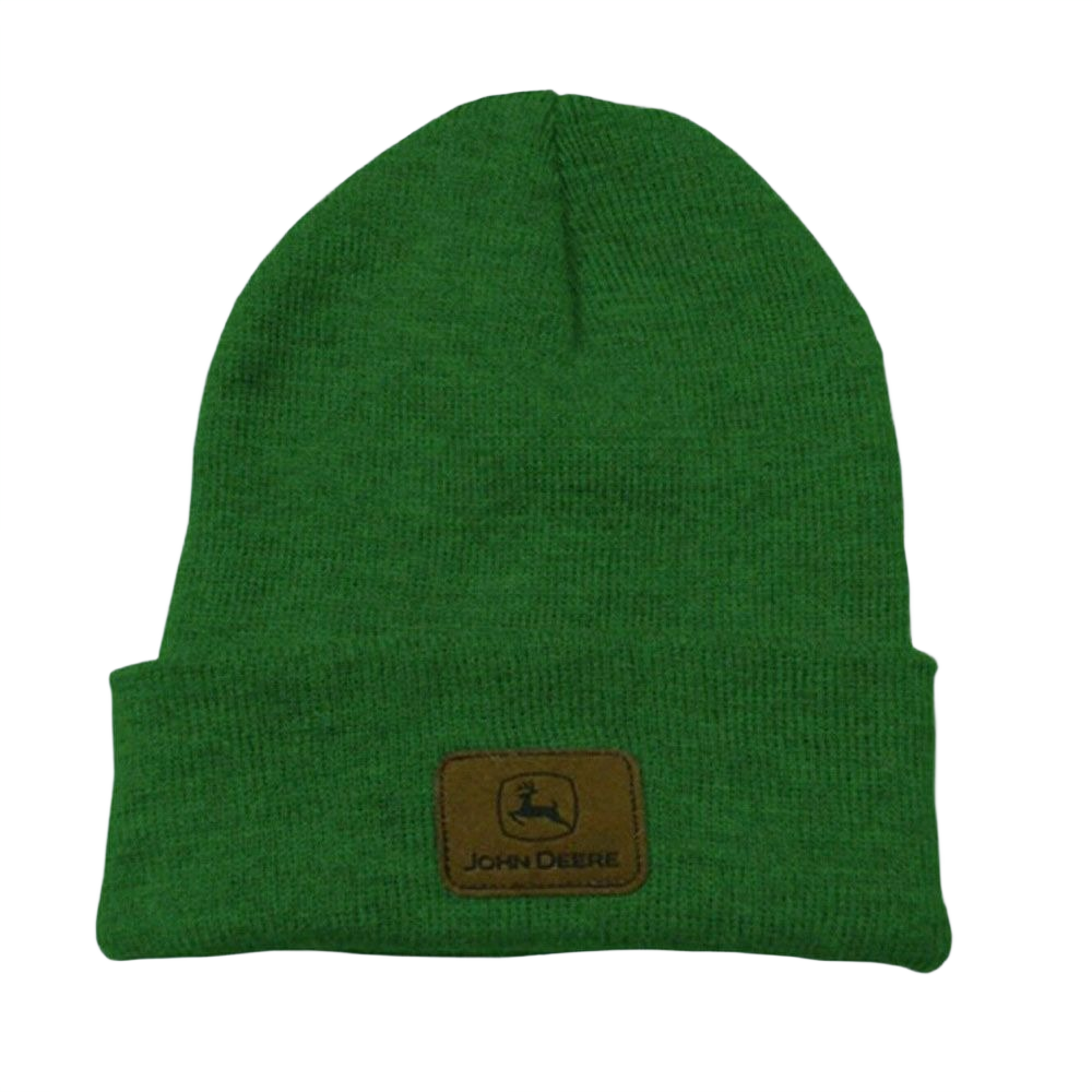 Green knit beanie with folded cuff and branded logo patch suitable for outdoor wear and casual use