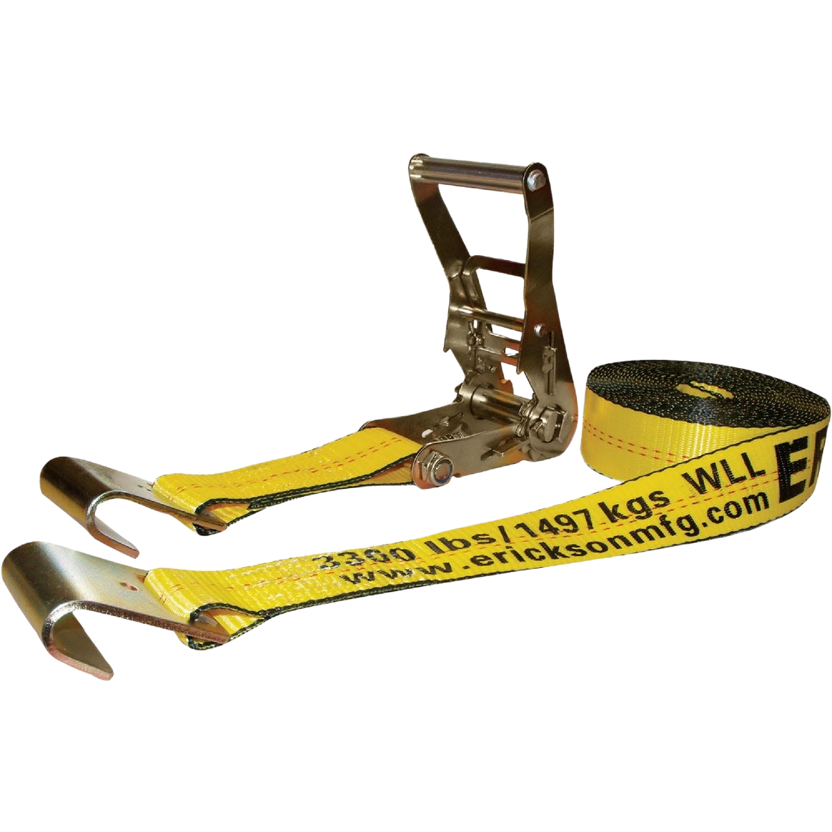 Yellow ratchet strap with flat bed hooks and metal long handle for heavy-duty load securing in home improvement tasks