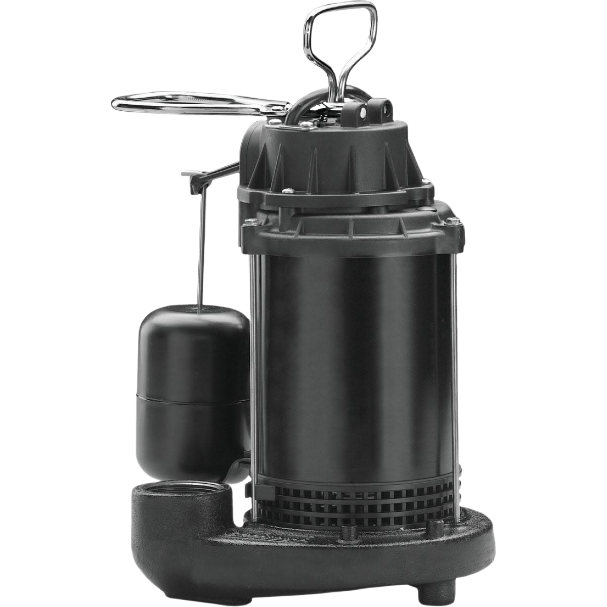 Cast-iron submersible sump pump with handle designed for water removal in home improvement projects