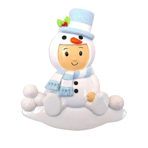 Charming baby boy snowman ornament with blue hat and scarf, surrounded by snowballs in Christmas decorations under $50 collection