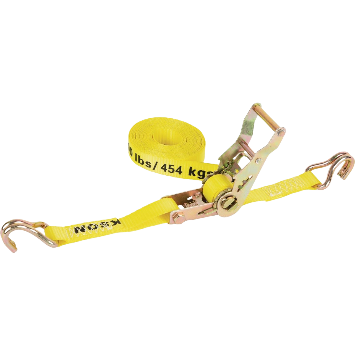 Yellow heavy-duty ratchet strap with metal hooks and crank for securing cargo in tools and home improvement tasks