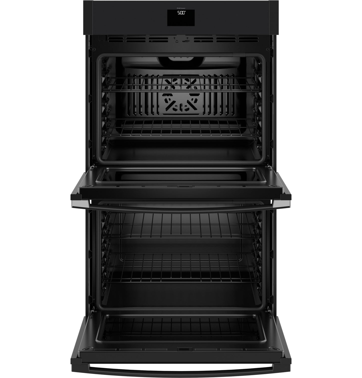Open matte black double wall oven with convection fans and racks from kitchen appliances and double wall ovens collection
