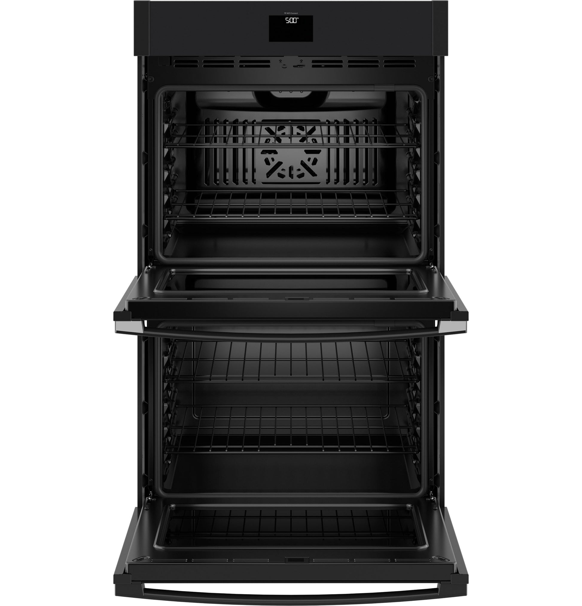 Open matte black double wall oven with convection fans and racks from kitchen appliances and double wall ovens collection