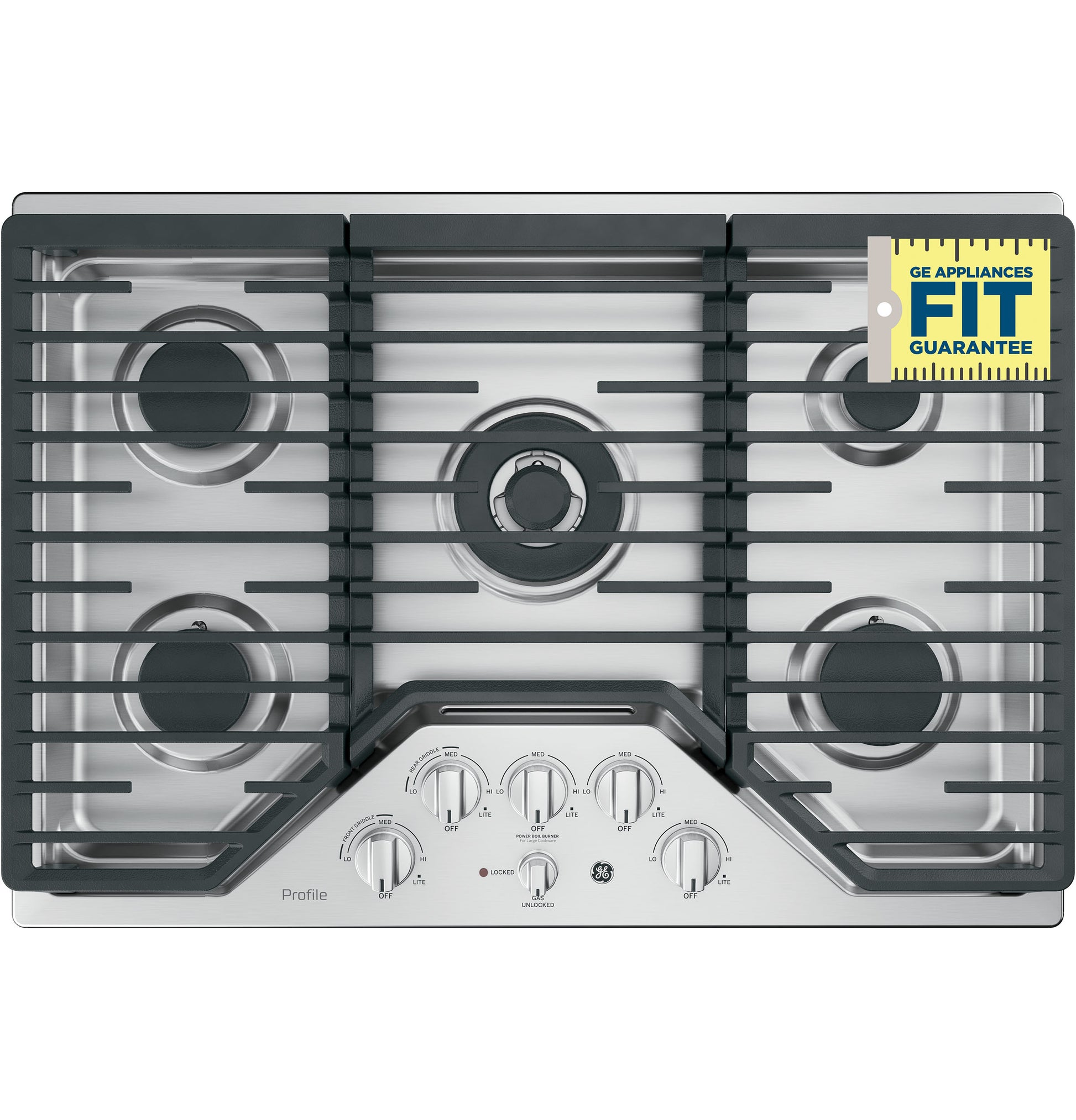 Top view of stainless steel built-in gas cooktop with five burners and control knobs for kitchen appliances and home improvement