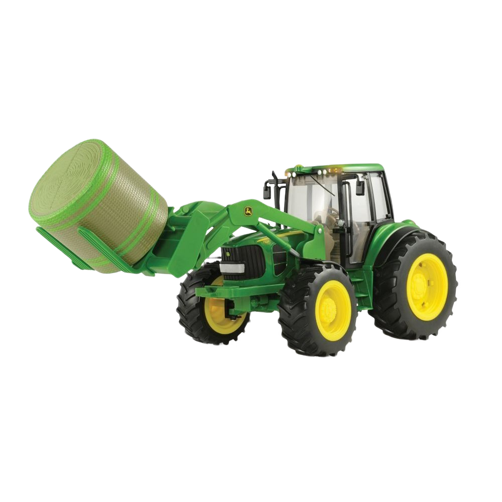 Green and yellow 1:16 scale John Deere tractor toy lifting a bale in vehicles and toys collections