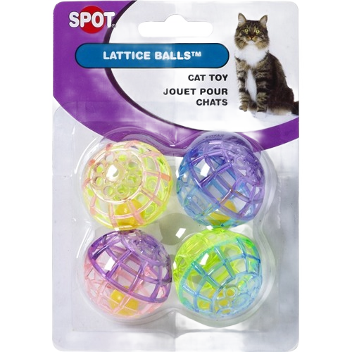 Four colorful lattice-style plastic balls with bells inside arranged in clear packaging for cat play.