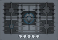 Dark silver tempered glass gas cooktop with five burners and heavy-duty grates from Bosch cooktops collection