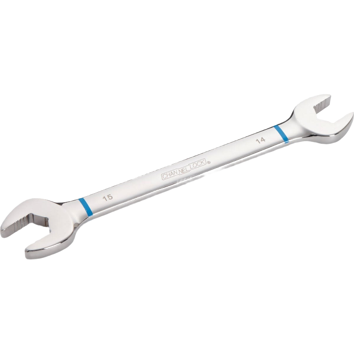 Polished double open-end wrench with 14mm and 15mm metric sizes for tools and home improvement use
