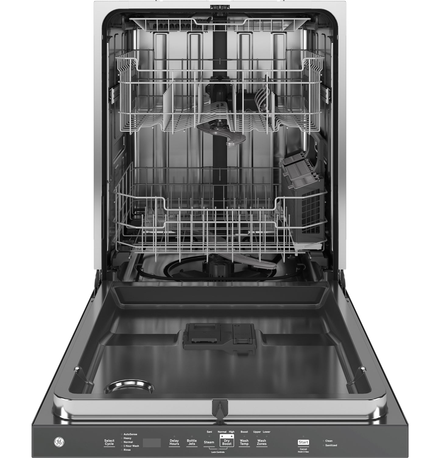 Open stainless steel dishwasher with adjustable racks and multiple spray arms in dishwashers collection