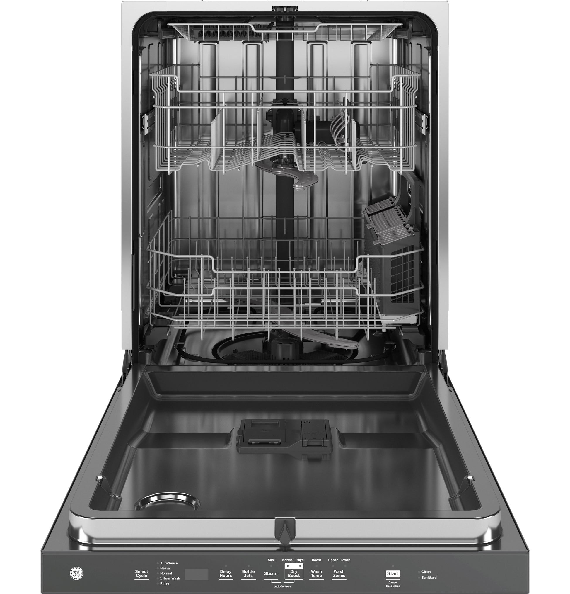 Open stainless steel dishwasher with adjustable racks and multiple spray arms in dishwashers collection