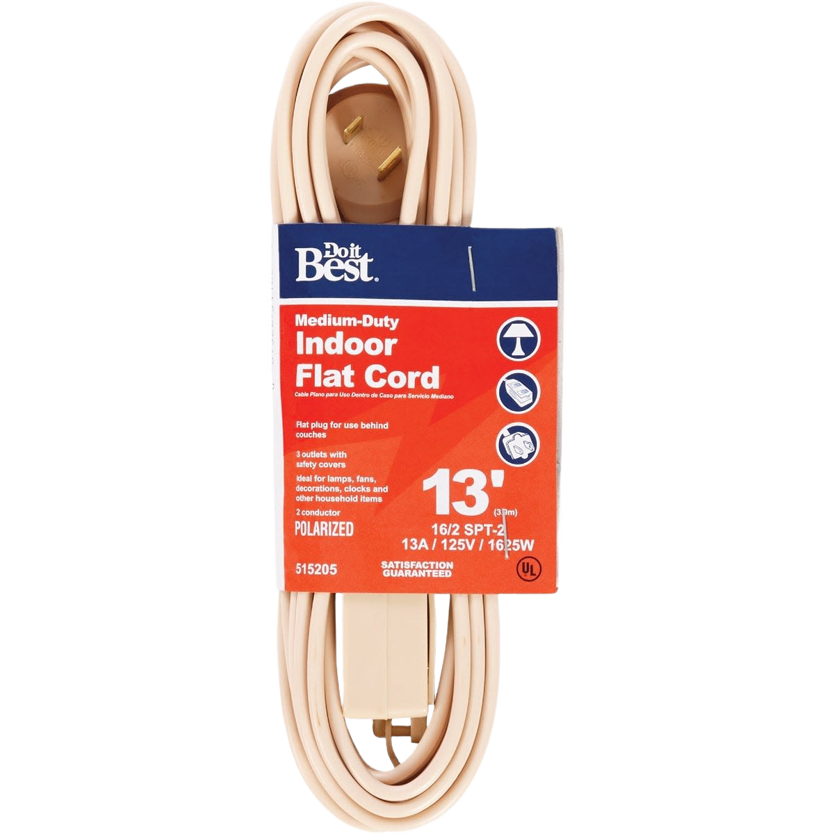 Beige indoor flat extension cord with polarized plug and three outlets for electrical and home improvement use under $50