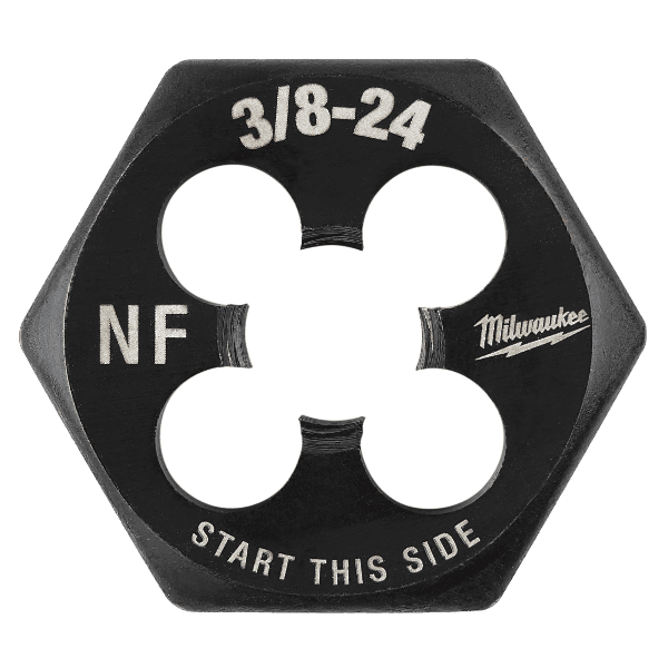 Hexagonal steel threading die with 3/8-24 NF threading for precision tool and home improvement use