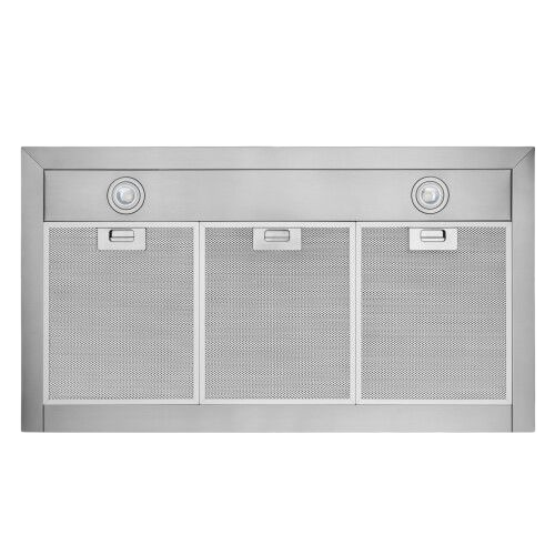 Stainless steel kitchen chimney hood filter panel with integrated circular lights for ventilation and cooking smoke removal