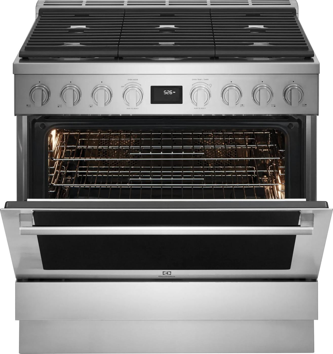 Front view of stainless steel 36-inch dual-fuel range with open oven door and multiple control knobs in kitchen appliances collection