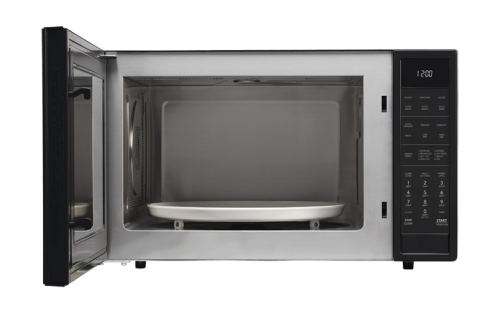 Black and stainless steel countertop microwave with convection feature and digital control panel in kitchen appliances collection