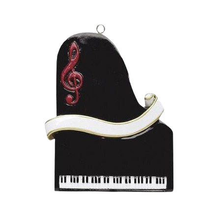 Black grand piano Christmas ornament with white keys, red treble clef, and white ribbon for holiday tree decoration