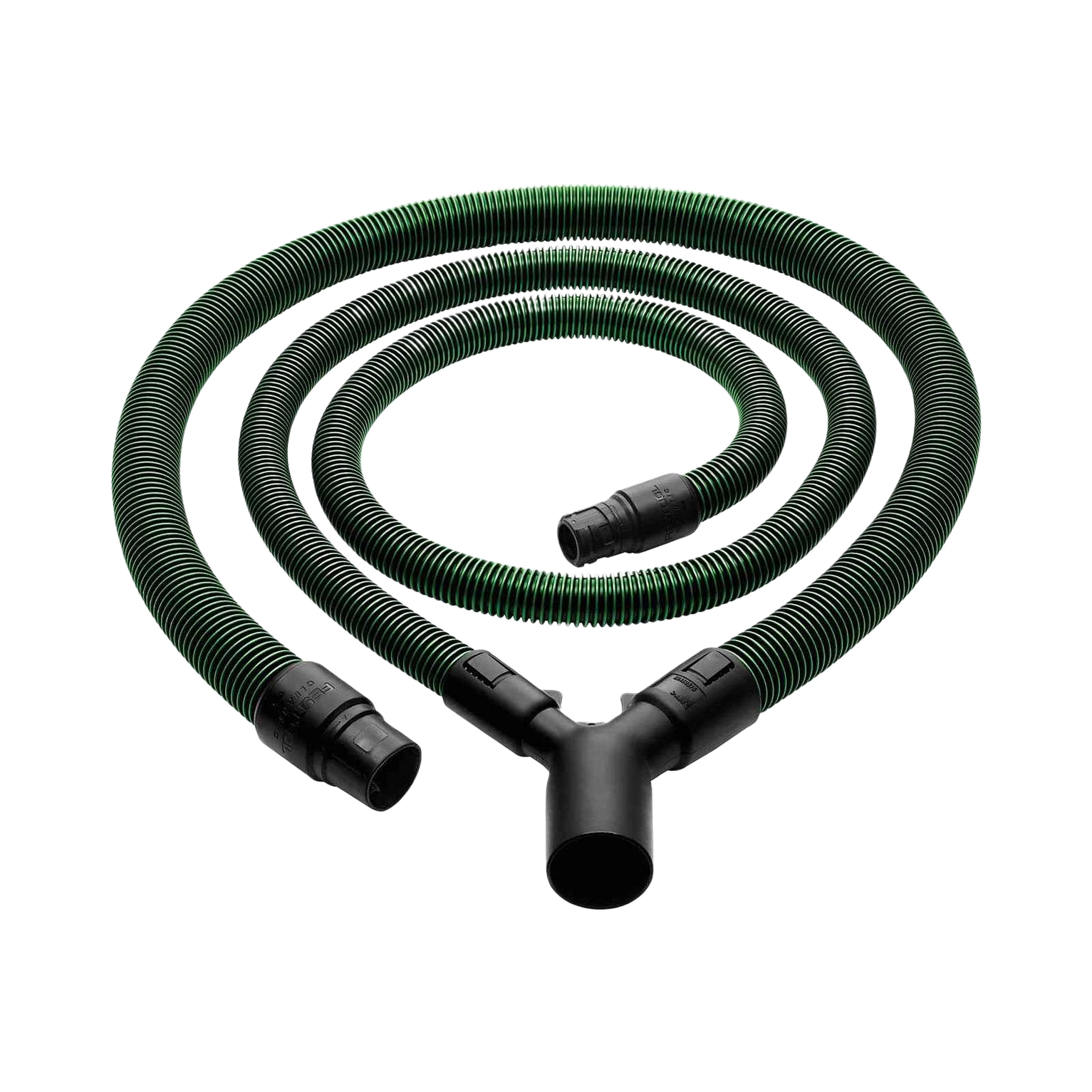 Green ribbed antistatic dust extraction hose set with black connectors for tools and home improvement use