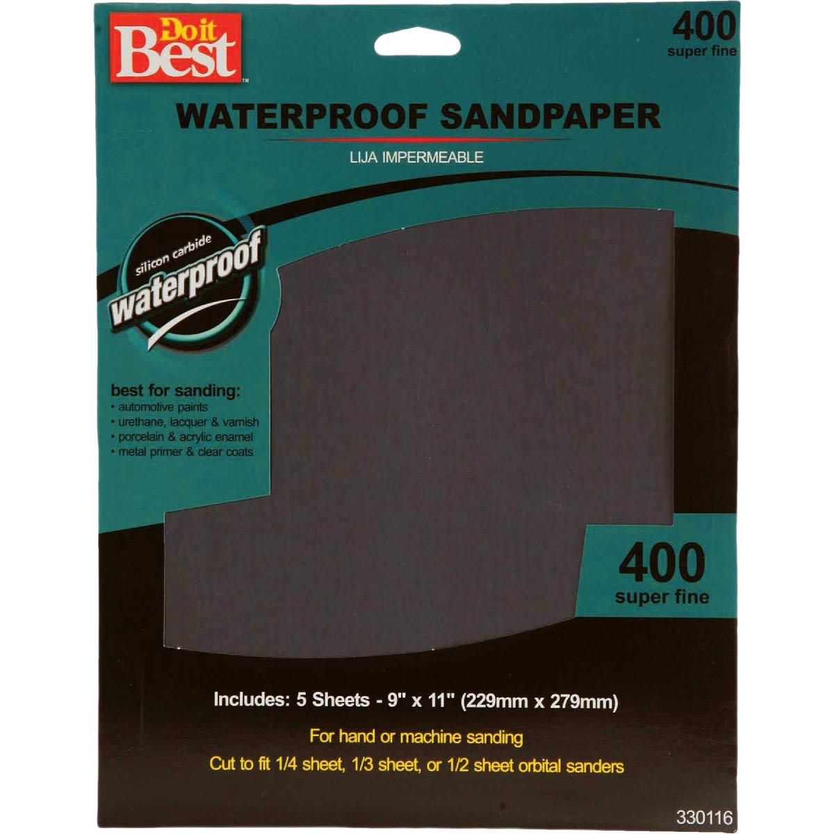 Pack of five 9 x 11 inch waterproof 400-grit super fine sandpaper sheets for home improvement projects