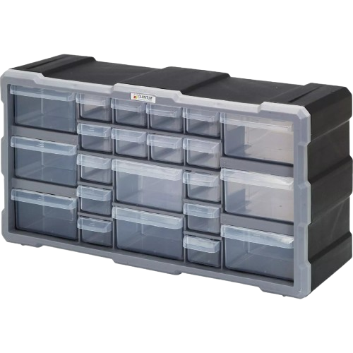 22-drawer clear plastic parts cabinet with reinforced black frame for organized home, garage, or kitchen storage and countertop use