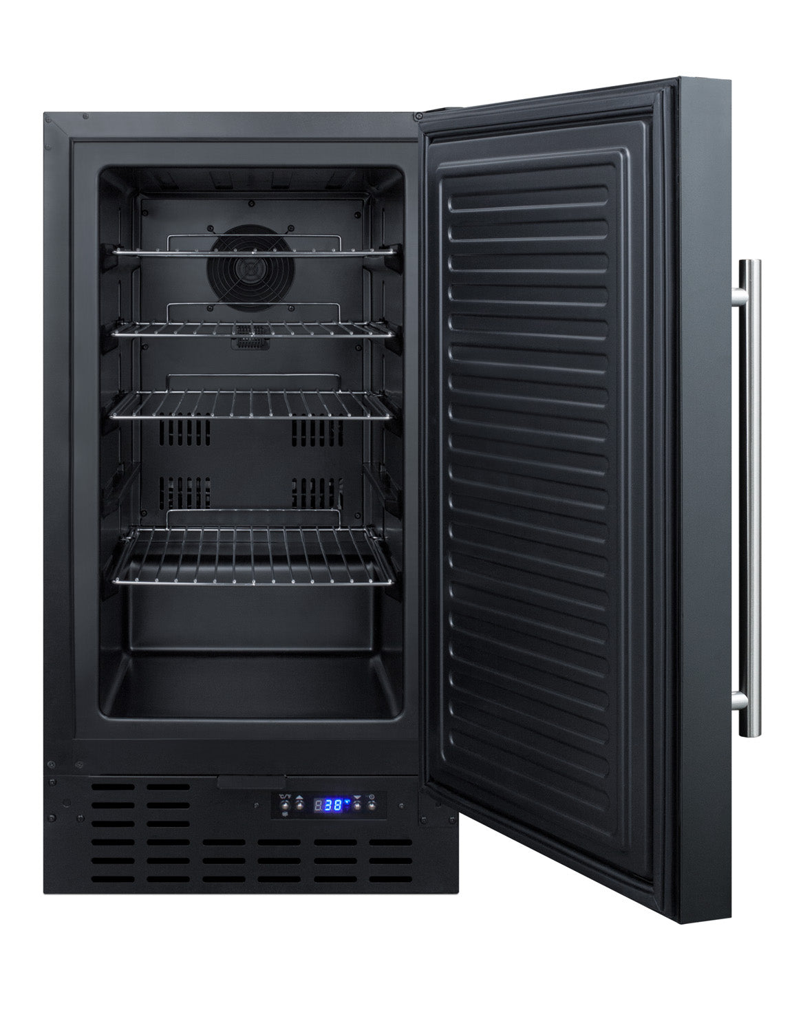 Open black built-in refrigerated unit with wire shelves, digital display, and stainless steel handle in kitchen appliances collection