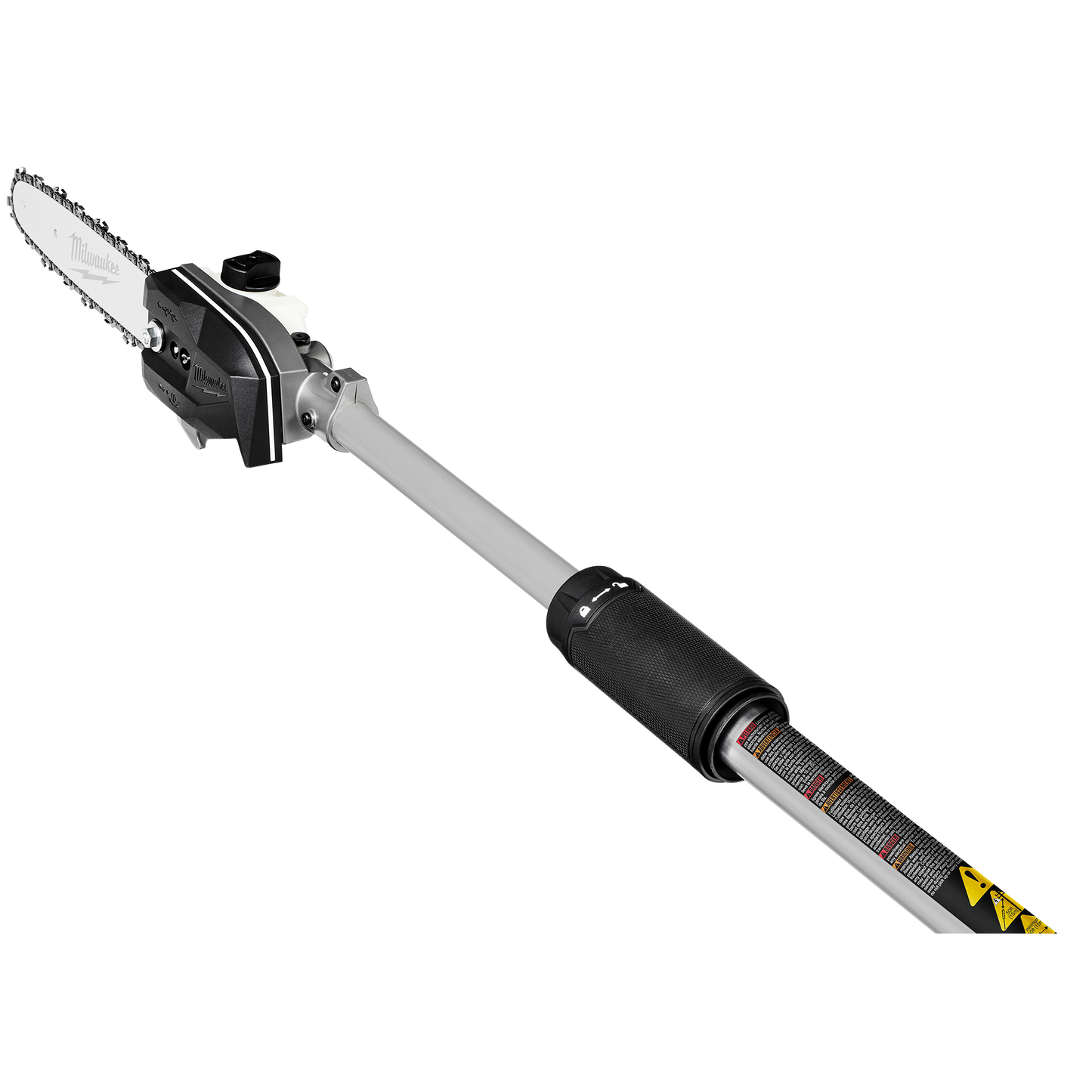 Silver telescoping pole saw with black grip and compact cutting head for outdoor tree trimming and home improvement tasks