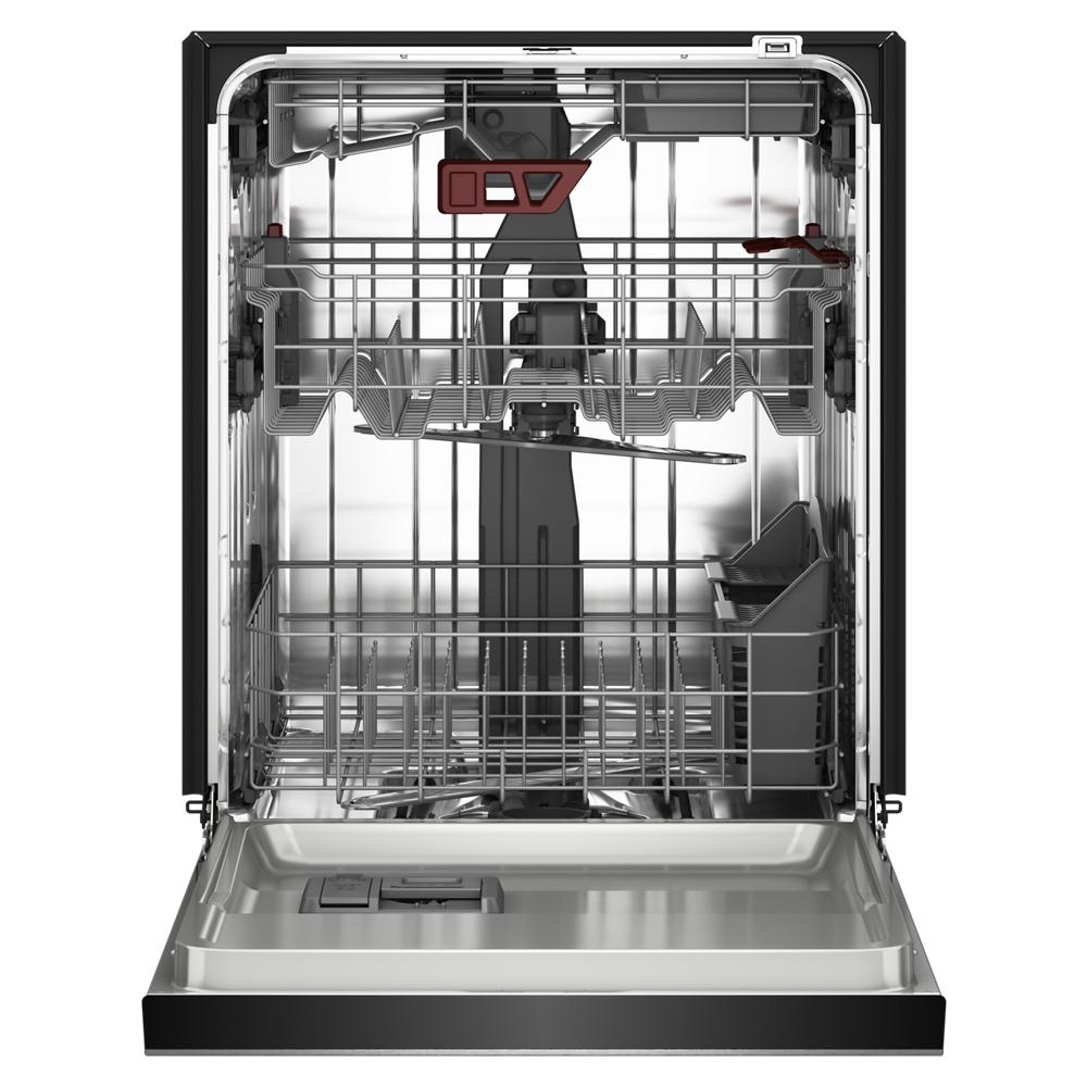 Interior view of stainless steel dishwasher with third level jet rack and adjustable upper racks for versatile kitchenware cleaning