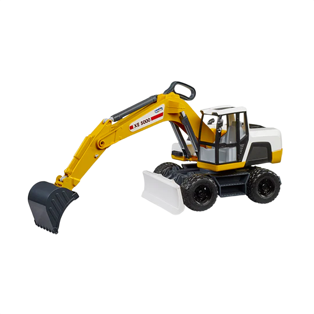 Yellow and black Bruder XE 5000 Excavator toy model with detailed cab and large digging bucket for play and display