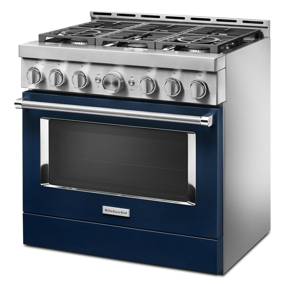 36-inch stainless steel and blue smart gas range with six burners and commercial-style design in kitchen appliances collection