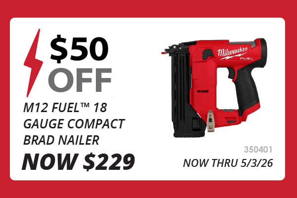 Graphic showing a red and black cordless brad nailer with bold text highlighting a $50 discount and the sale price through May 3, 2026, on a white background with a red border