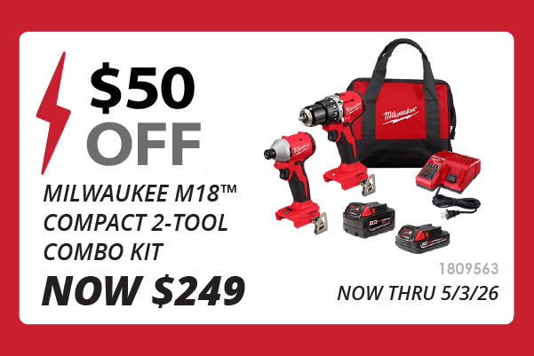 Graphic featuring two red and black cordless power tools with batteries, charger, and carrying bag alongside bold text highlighting a $50 discount and the sale price through May 3, 2026.