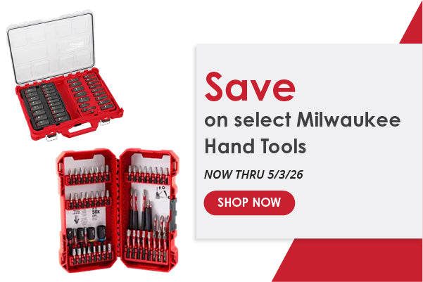 Two red Milwaukee hand tool cases open to show assorted drill bits and screwdriver bits, alongside text about a limited-time sale ending May 3, 2026.