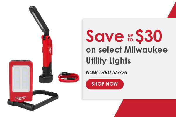 Graphic featuring two red and black Milwaukee utility lights with an attached cord alongside bold red and black text about a savings offer ending May 3, 2026.