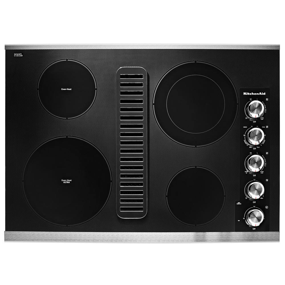 Electric cooktop with four heating elements and integrated downdraft vent in KitchenAid appliances collection