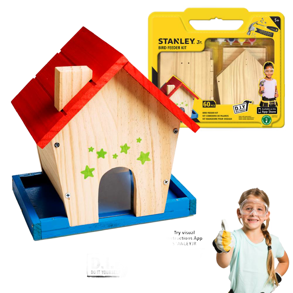 Wooden birdhouse with red roof and blue base, decorated with green stars, part of a DIY bird feeder kit set for outdoor use.